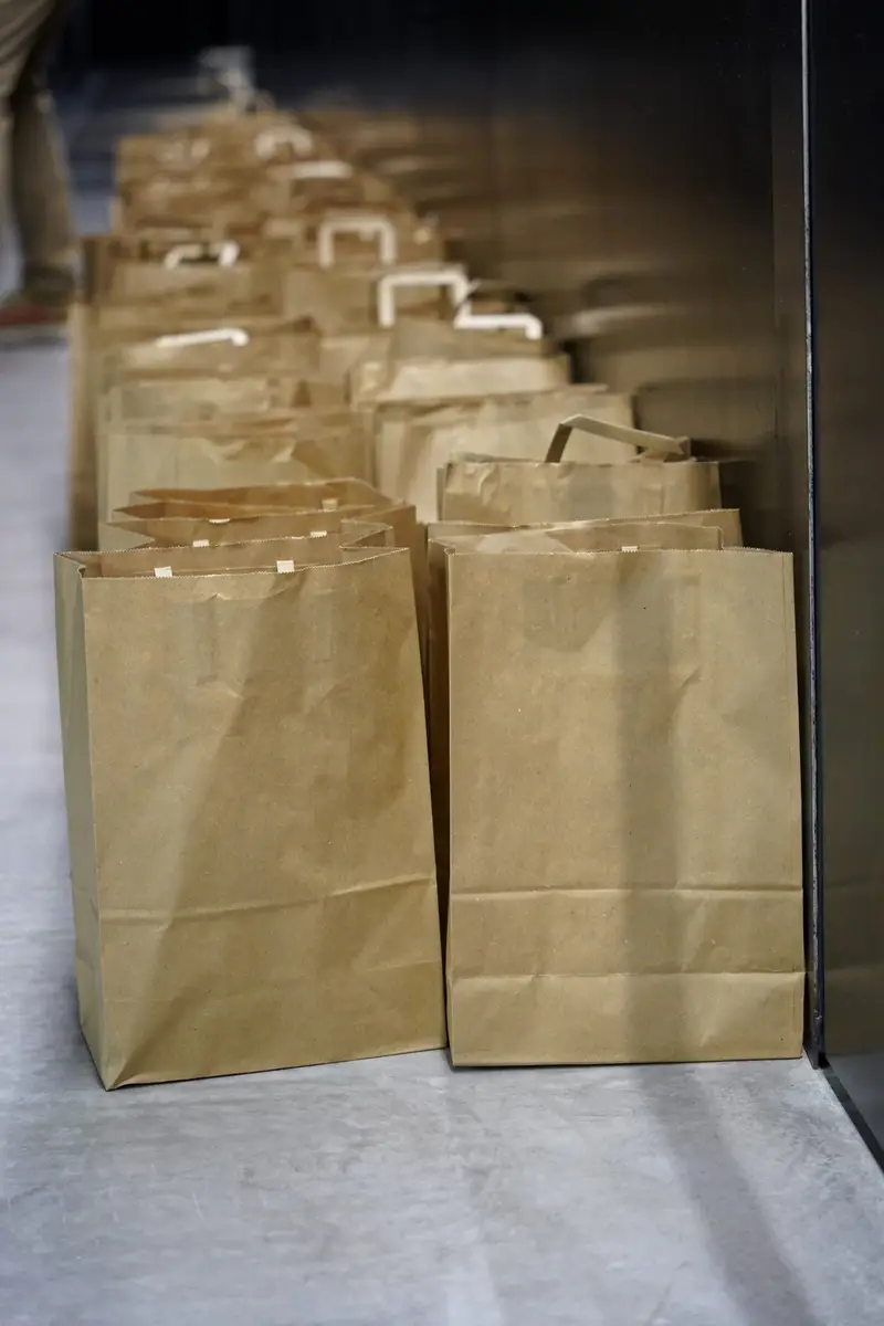 Rows of brown kraft paper bags standing upright
