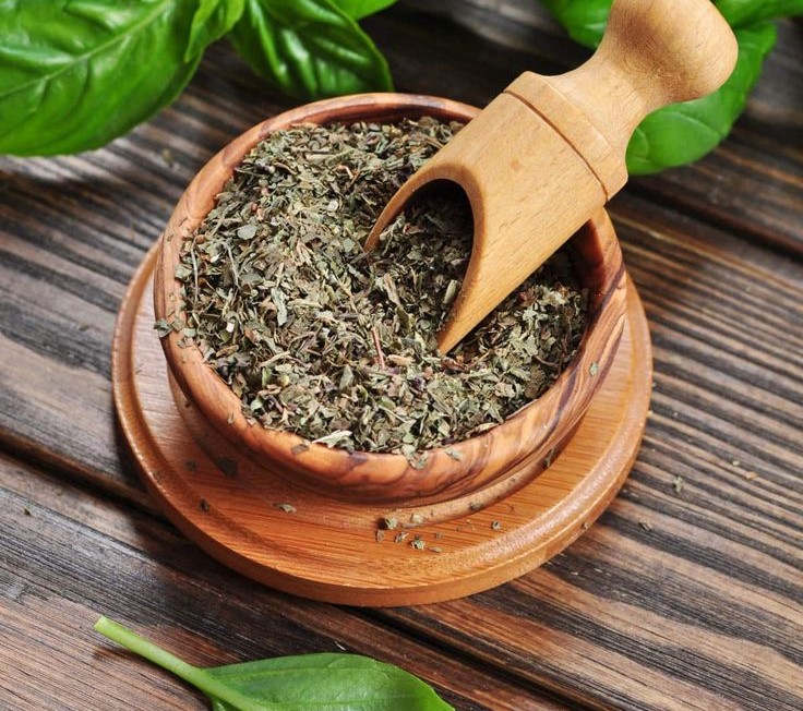Wooden bowl of dried basil with a scoop and fresh basil leaves