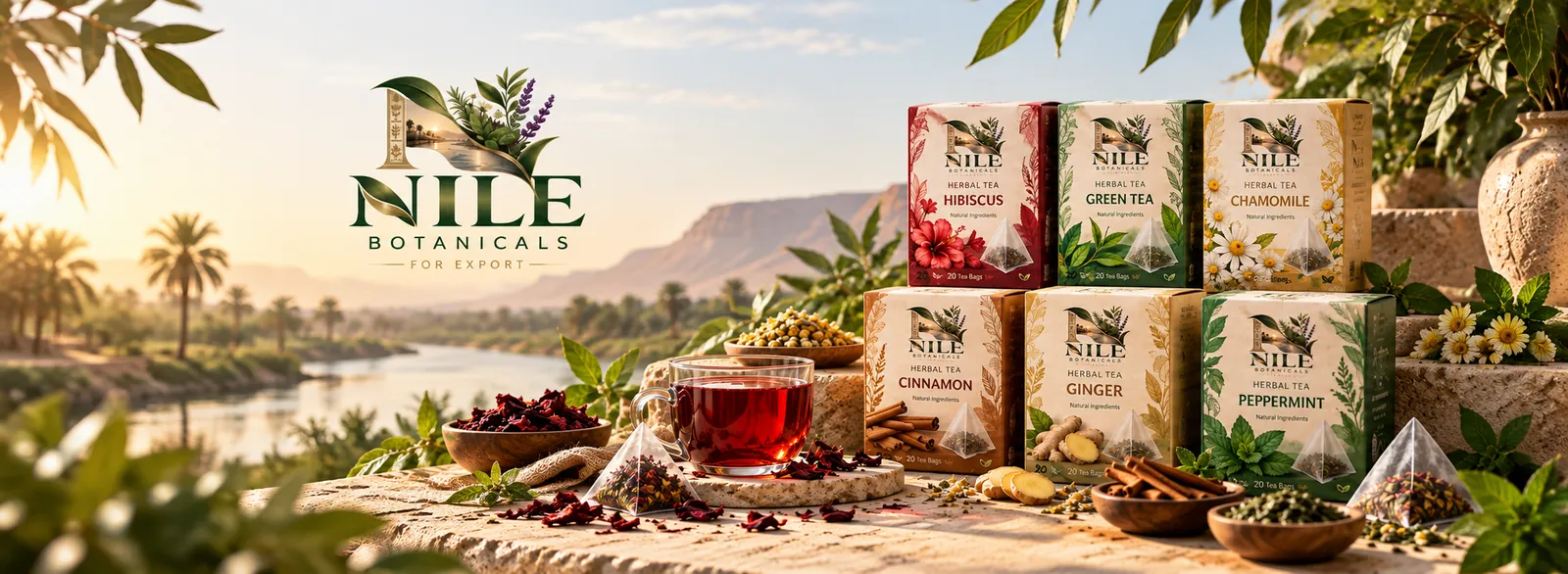 Nile Botanicals herbal tea boxes, a glass of hibiscus tea and bowls of herbs and spices on a stone ledge beside the Nile