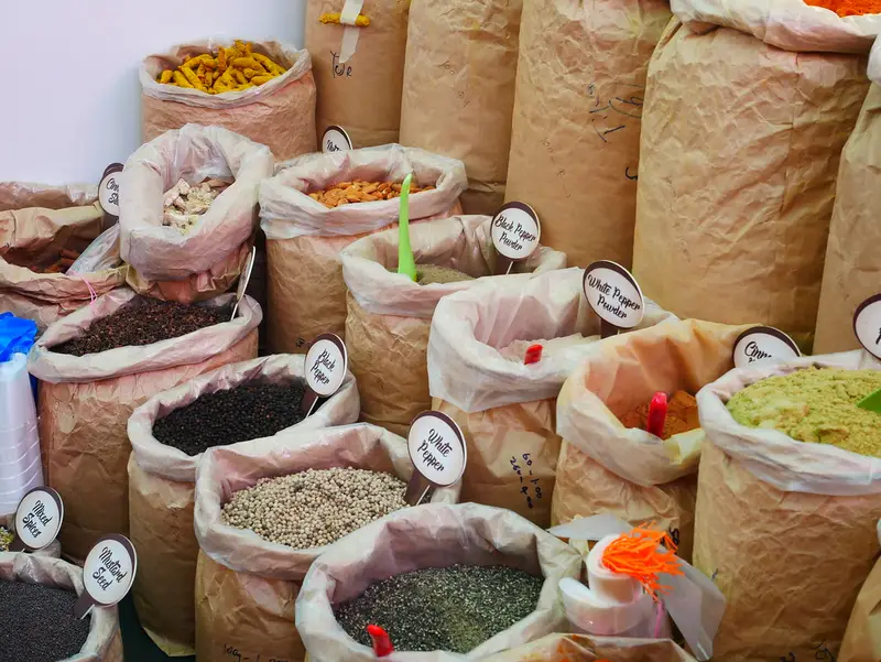 Open sacks of seeds, grains and spices